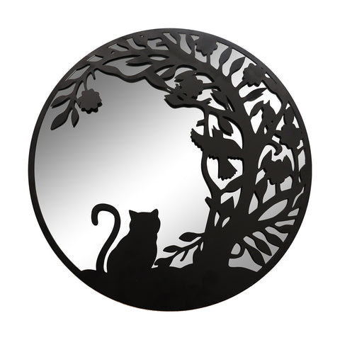 Black Metal Round Cat Silhouette Wall Mirror